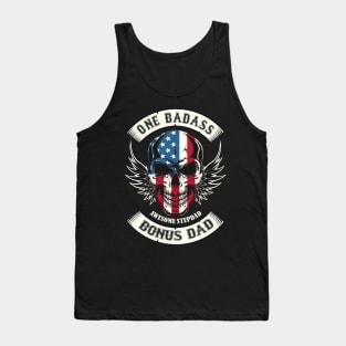 One Badass Awesome Stepdad Bonus Dad American Flag Skull Patriotic Motorcycle Fathers Day Birthday Tank Top